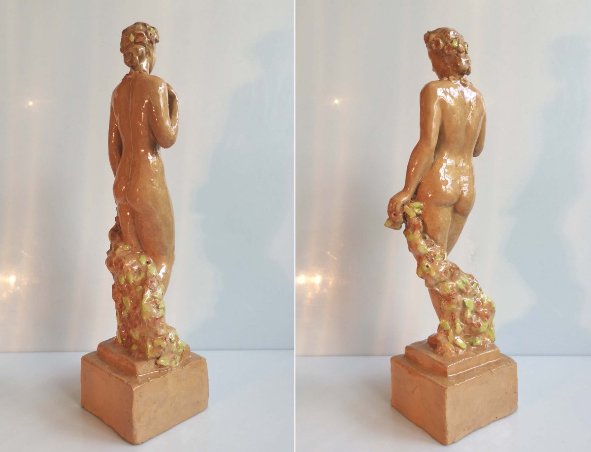 Sculpture originale de H.Gautheron C&eacute;ramiste femme nue &agrave; la couronne de fleurs-photo-2