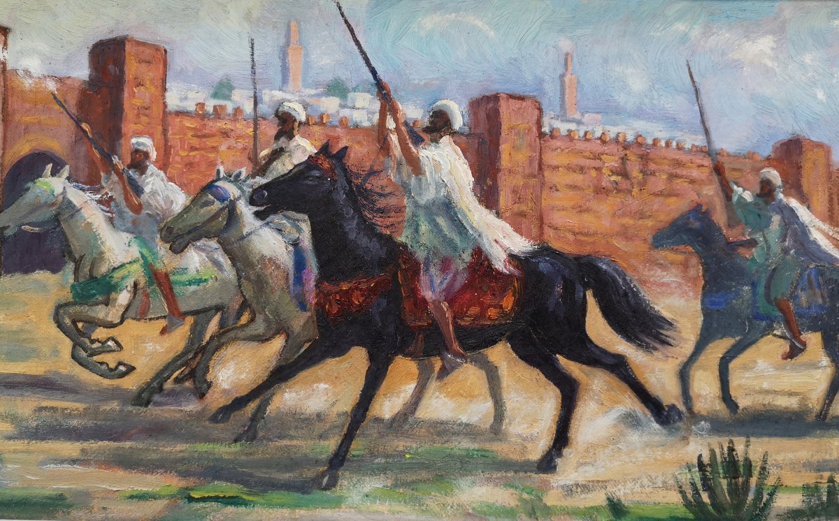 Solange Monvoisin 1911 - 1985 Fantasia Sous Les Remparts De Rabat Oil On Reinforced Canvas-photo-4