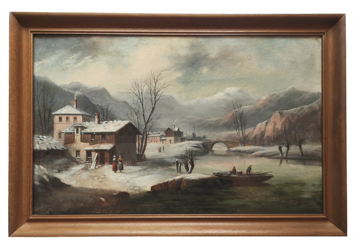 Ecole Fran&ccedil;aise XIX&deg; Paysage Anim&eacute; Savoie Hiver 1881 Hst