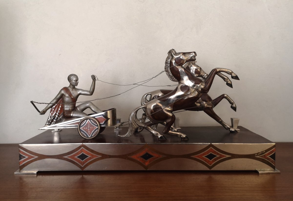 Art Deco Charioteer Leading A Roman Bige Bronze Dinanderie Voltas Hoffner