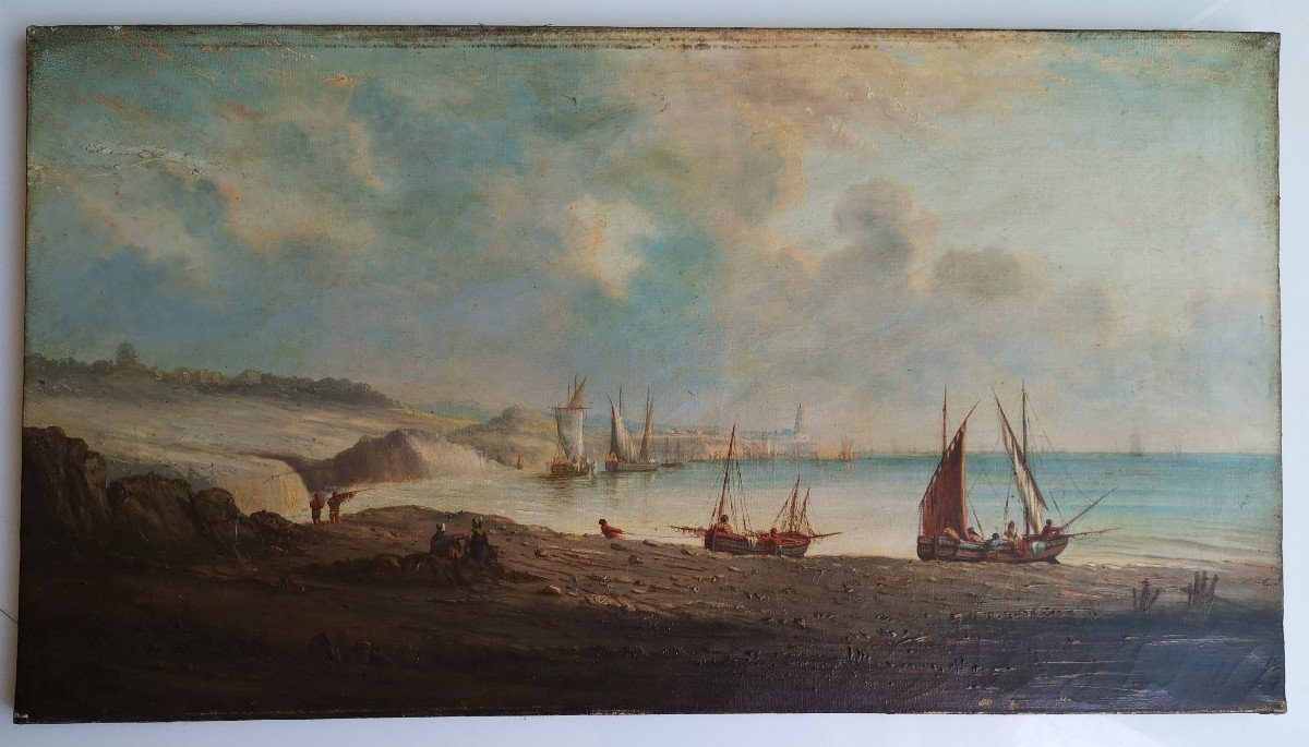 School XIX ° "seaside With Boats And Fishermen" Hst 35 X 64 Cm-photo-2