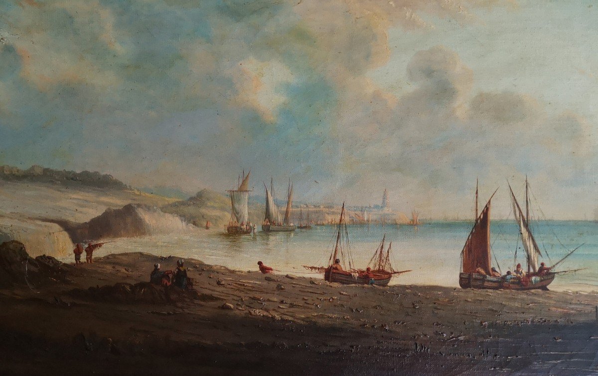 Ecole XIX&deg; &laquo; Bord De Mer Avec Bateaux Et P&eacute;cheurs &raquo; Hst 35 X 64 Cm-photo-3