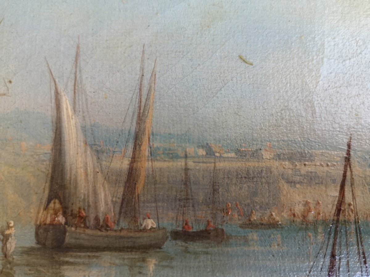 School XIX ° "seaside With Boats And Fishermen" Hst 35 X 64 Cm-photo-4