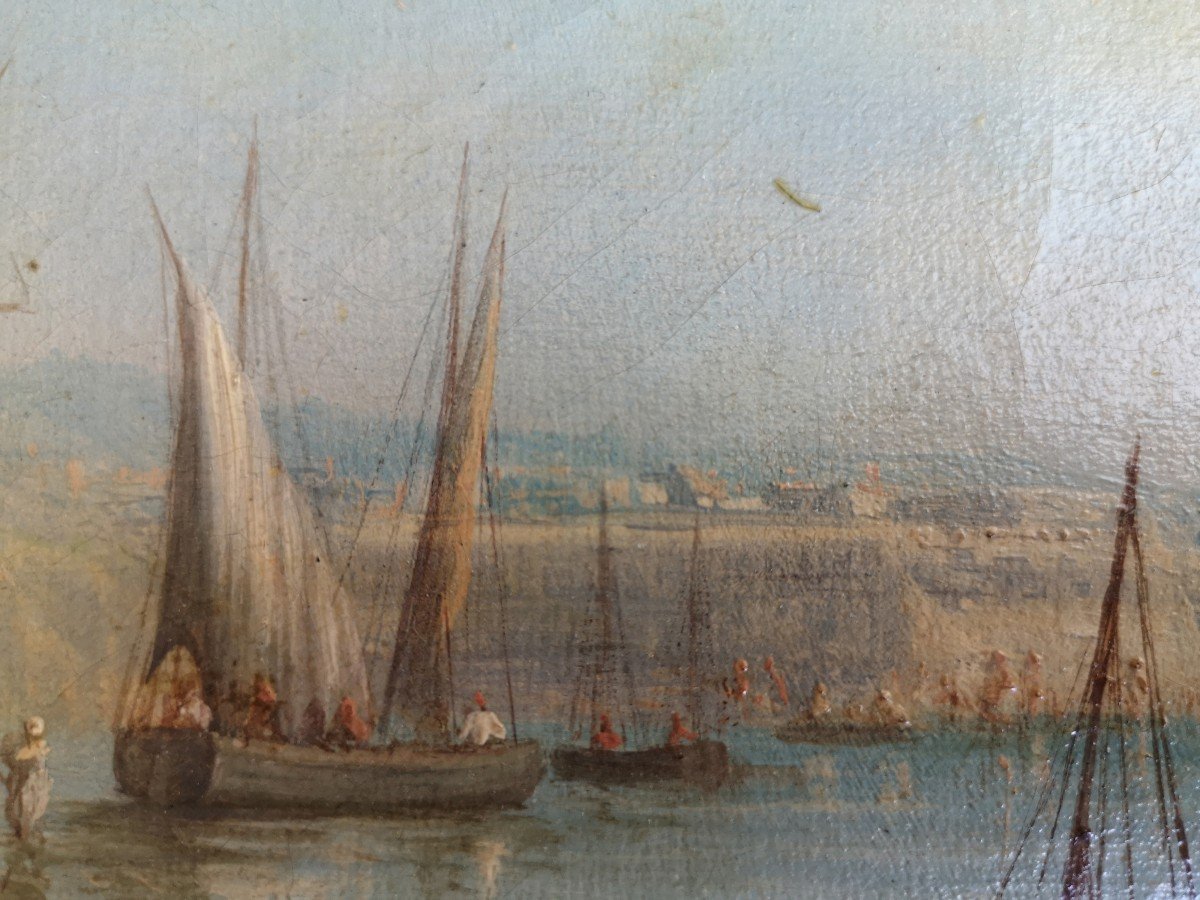 Ecole XIX&deg; &laquo; Bord De Mer Avec Bateaux Et P&eacute;cheurs &raquo; Hst 35 X 64 Cm-photo-4