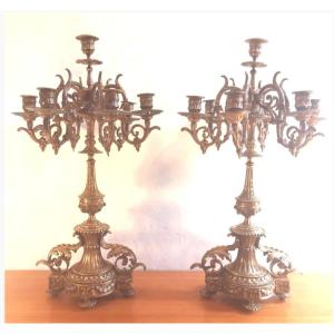 Paire de grands candélabres à 7 feux bronze doré style Louis XVI époque Napoléon III