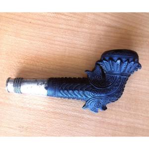 Antique Tobacco Pipe (laos, 18th Or 19th Century) Horn And Silver 11 Cm 68 Gr