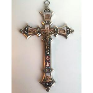Silvered Bronze Crucifix With Micromosaics – Rome, Late 19th Century 