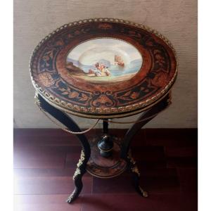 Guéridon tripode Napoléon III en bois noirci, marqueterie florale, bronzes ciselés et porcelain