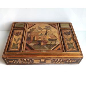 Straw Marquetry Sewing Box, Maritime Scene, 18th Century, Decoration On All Sides, Without Lid