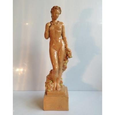 Sculpture originale de H.Gautheron Céramiste femme nue à la couronne de fleurs