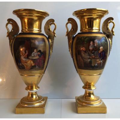Debut XIX&deg; Exceptionnelle Paire De Grands Vases Paris Epoque Empire Haut: 37.5  Cm