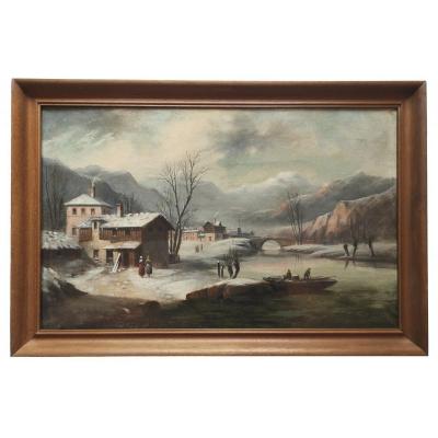 Ecole Fran&ccedil;aise XIX&deg; Paysage Anim&eacute; Savoie Hiver 1881 Hst