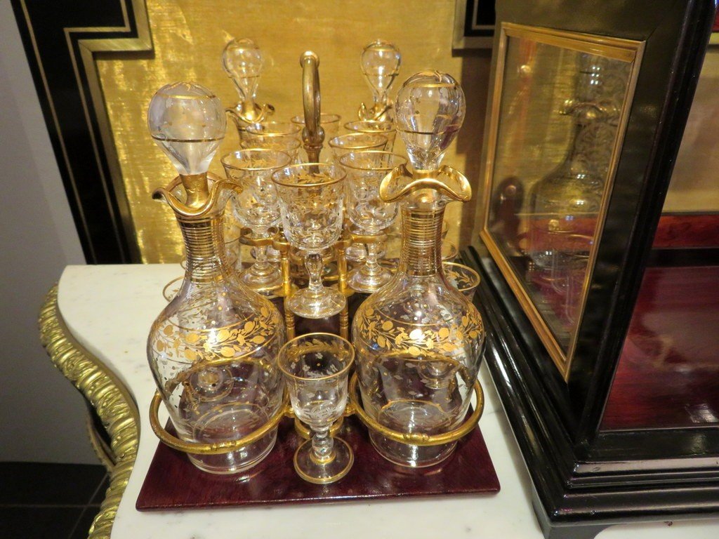 Napoleon III Black And Bronze Liquor Cellar Tantalus Box Golden Crystal -photo-3