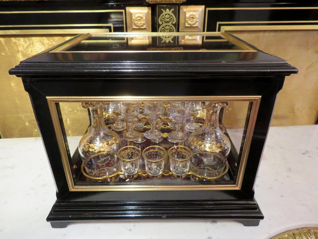 Napoleon III Black And Bronze Liquor Cellar Tantalus Box Golden Crystal -photo-7