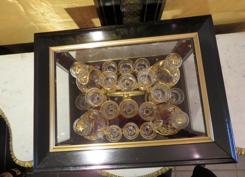 Napoleon III Black And Bronze Liquor Cellar Tantalus Box Golden Crystal -photo-8