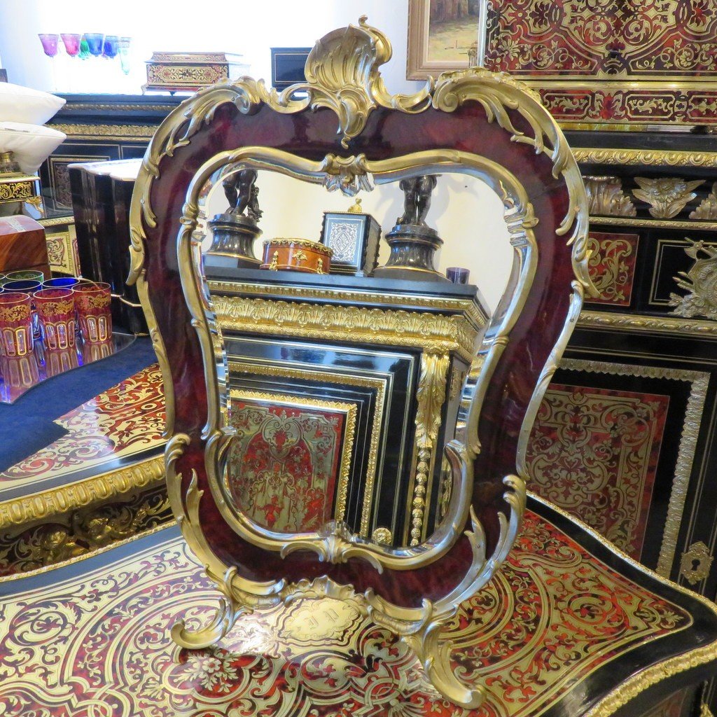 Miroir Louis XV Avec Cadre En Marqueterie Boulle d'époque Napoléon III