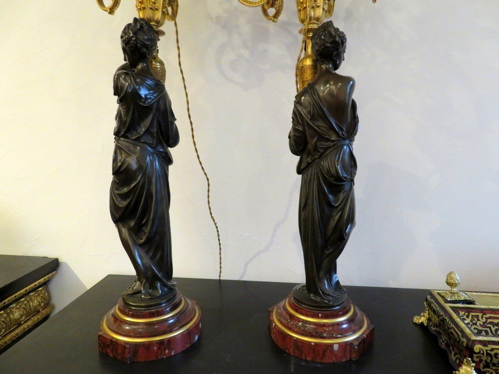 Paire De Candélabres Avec Porteuses d'Eau En Bronze époque Napoléon III 93cm électrifiés-photo-5