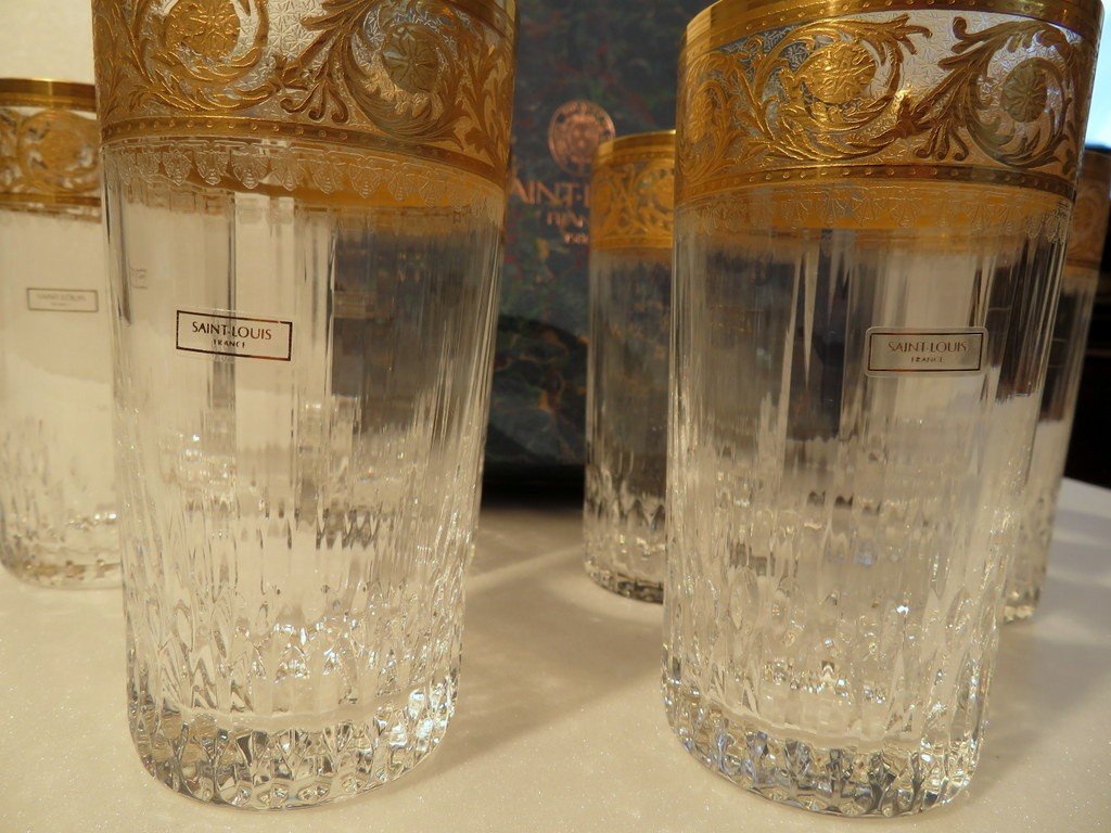 New 6 Highballs With Original Box St Saint Louis Thistle Gold Crystal Signed-photo-2