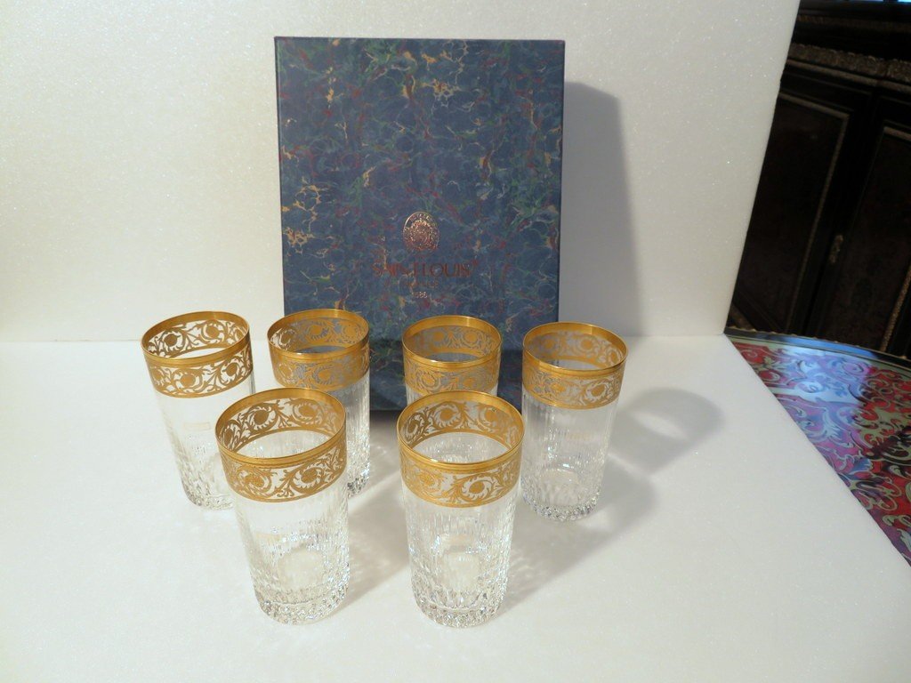 New 6 Highballs With Original Box St Saint Louis Thistle Gold Crystal Signed-photo-3