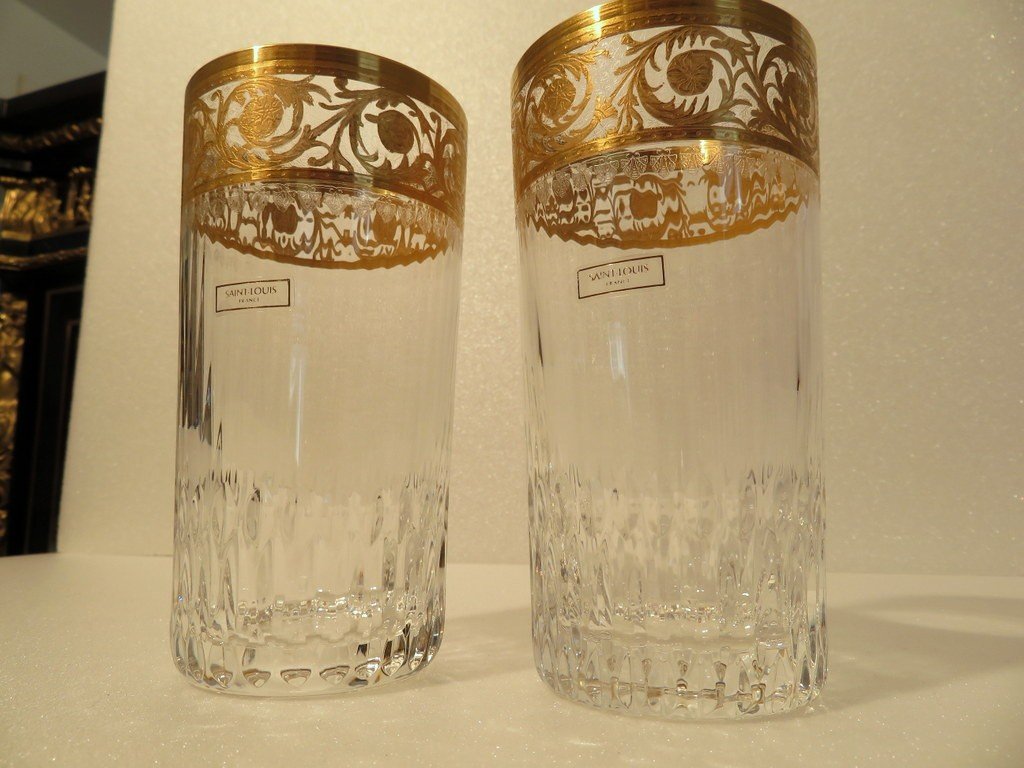 New 6 Highballs With Original Box St Saint Louis Thistle Gold Crystal Signed-photo-6