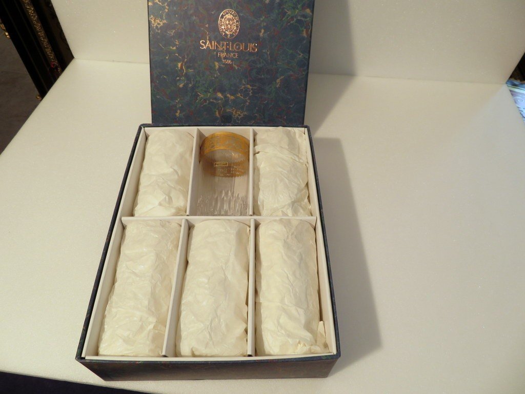 New 6 Highballs With Original Box St Saint Louis Thistle Gold Crystal Signed-photo-7