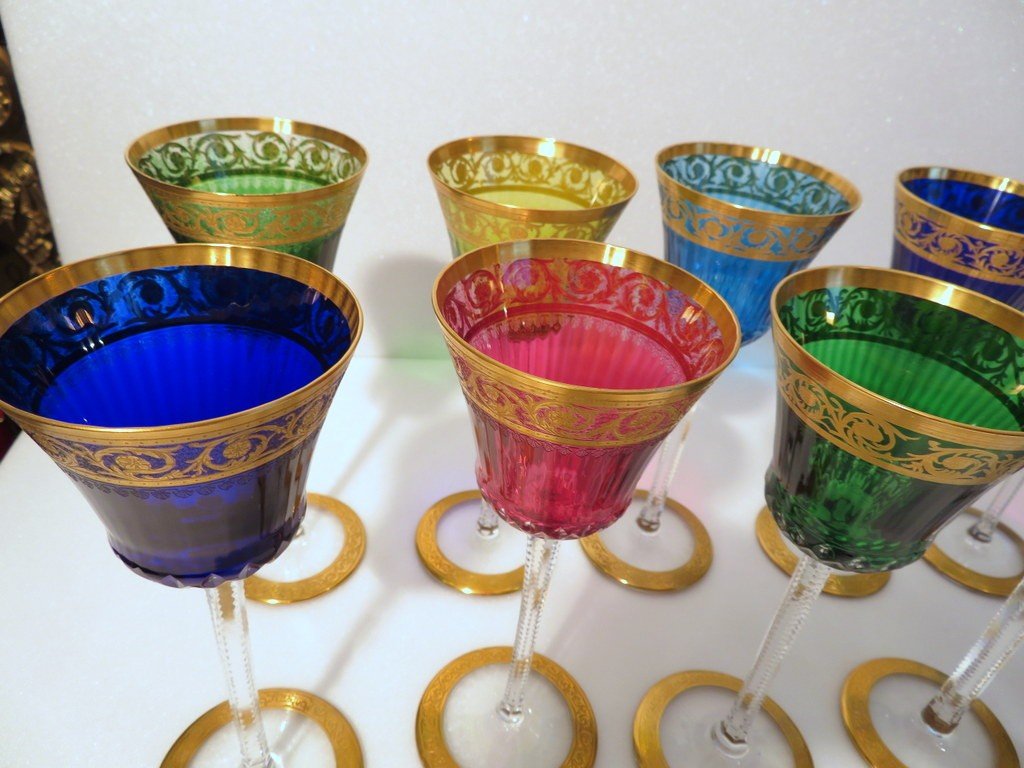 10 Roemers Verre à Vin Du Rhin En St Saint Louis Thistle Or Cristal Signé-photo-1
