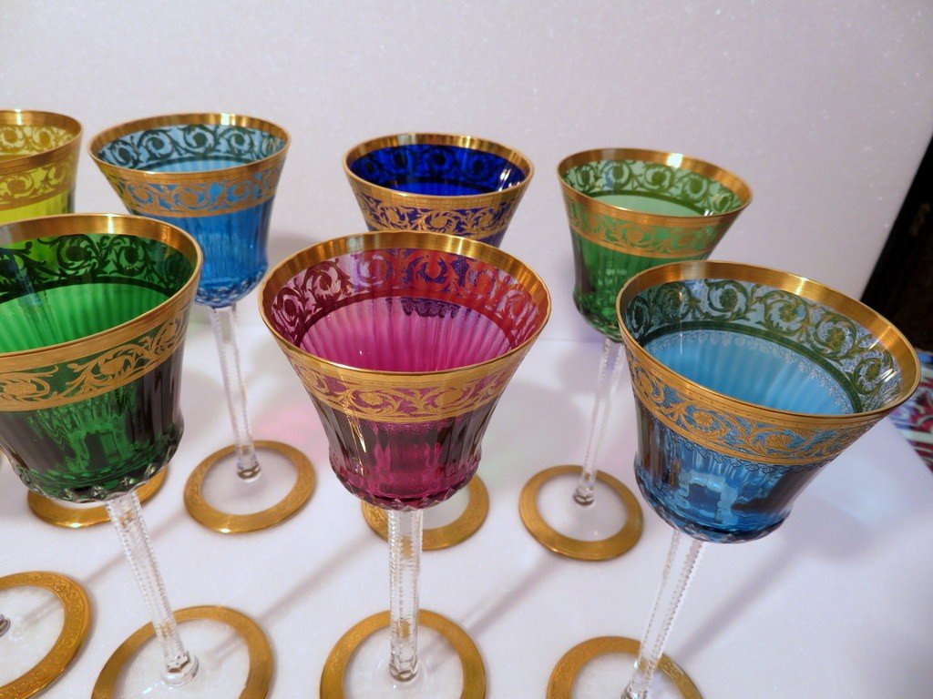 10 Roemers Verre à Vin Du Rhin En St Saint Louis Thistle Or Cristal Signé-photo-2