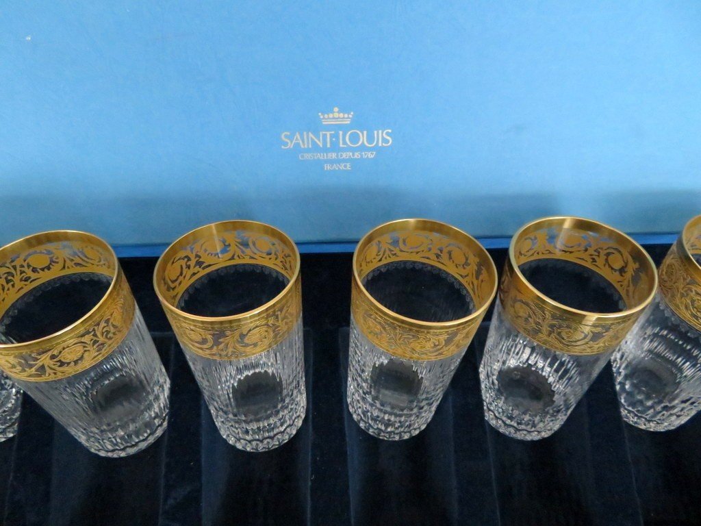 New  6 Highballs With Box In Crystal  Original Saint Louis Thistle Gold Crystal Signed-photo-3