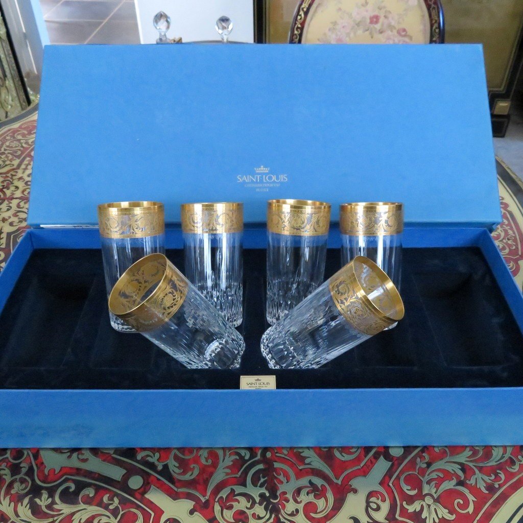 New  6 Highballs With Box In Crystal  Original Saint Louis Thistle Gold Crystal Signed-photo-5