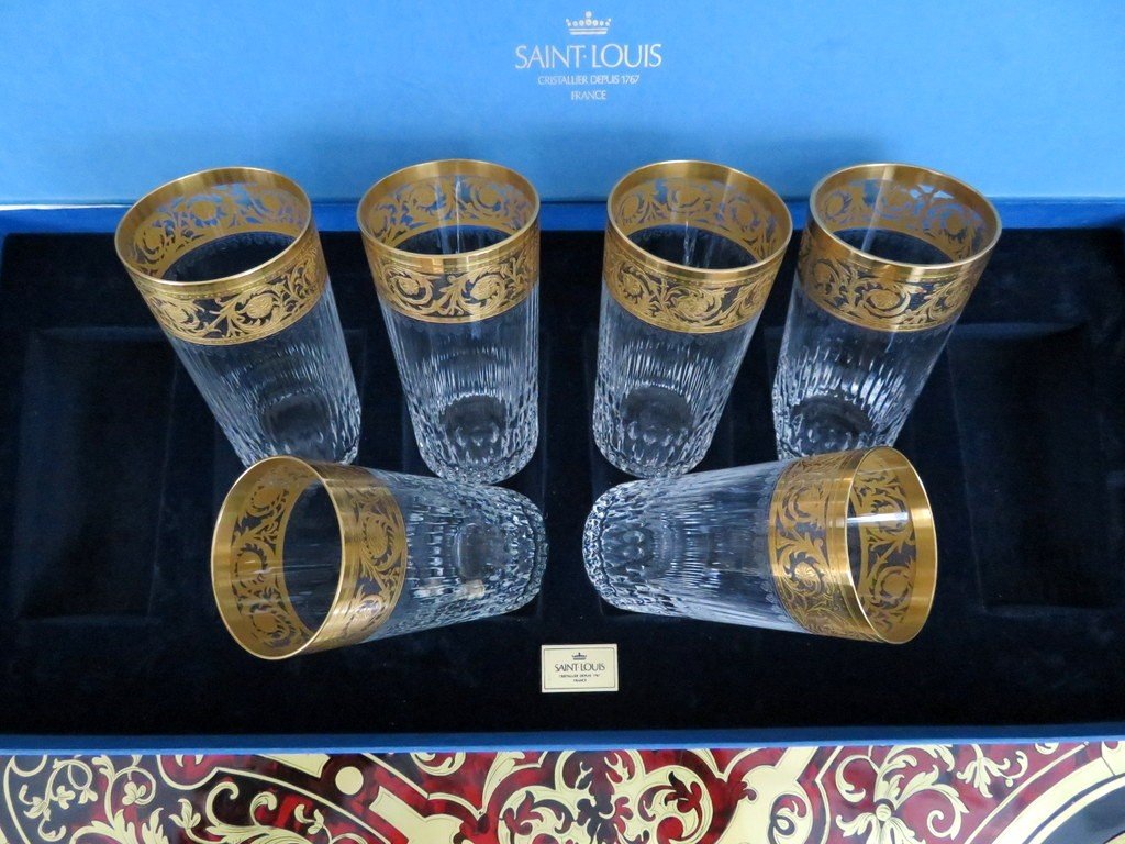New  6 Highballs With Box In Crystal  Original Saint Louis Thistle Gold Crystal Signed-photo-6