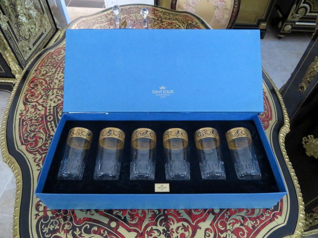 New  6 Highballs With Box In Crystal  Original Saint Louis Thistle Gold Crystal Signed