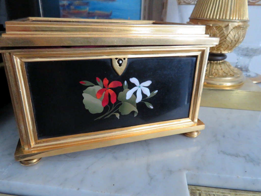 Boite à Bijoux Bronze Et Marqueterie De Pierre Dure Scagiola 19éme-photo-1