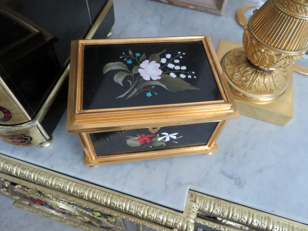 Boite à Bijoux Bronze Et Marqueterie De Pierre Dure Scagiola 19éme-photo-2