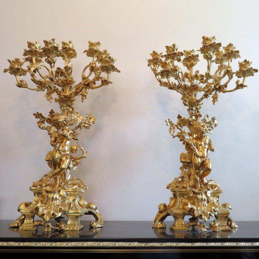 Stamped Henri Picard Pair Of Rocaille Candelabra In Bronze Napoleon III Period 75cm-photo-3