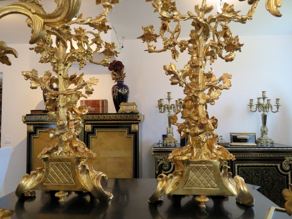 Stamped Henri Picard Pair Of Rocaille Candelabra In Bronze Napoleon III Period 75cm-photo-8