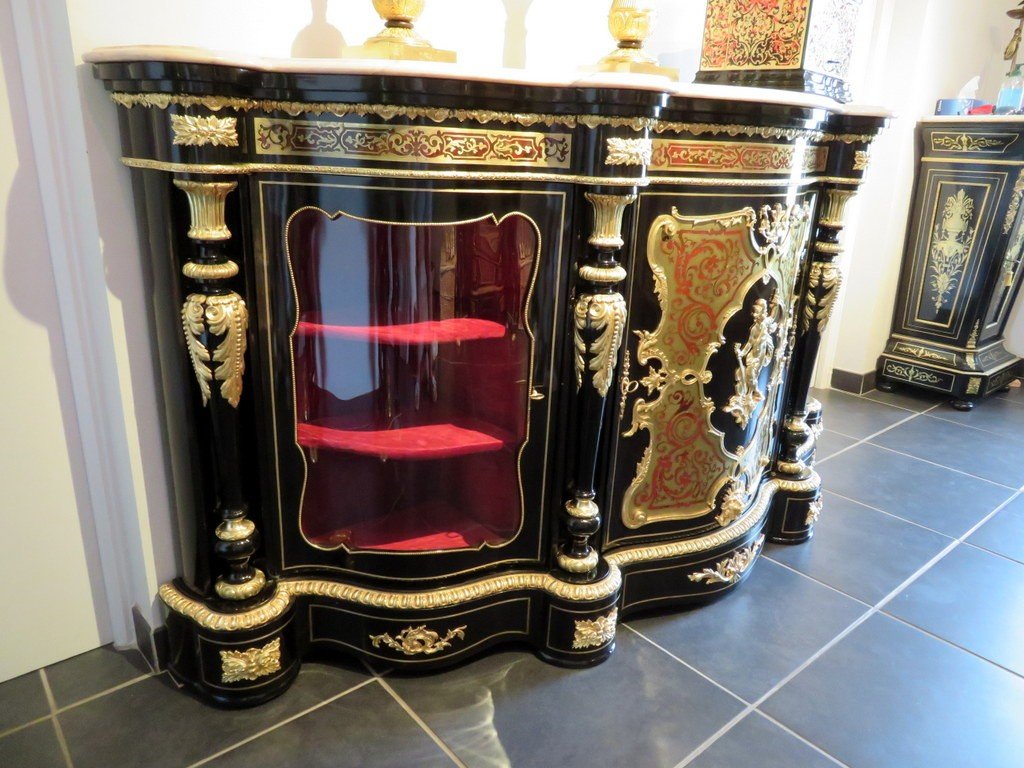 Marquée Blaise Millet Enfilade Violonée 3 Portes En Marqueterie Boulle époque Napoléon III-photo-1