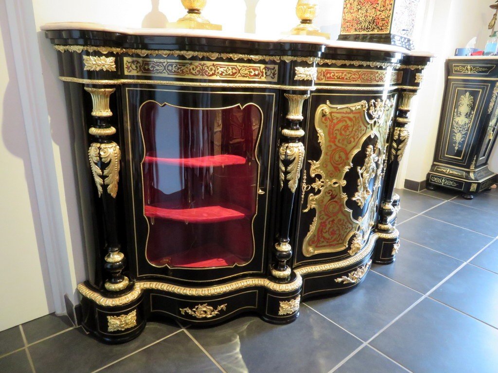 Stamped Blaise Millet Impressive French Credenza 3 Doors In Marquetry Boulle 19th Napoléon III Period-photo-1