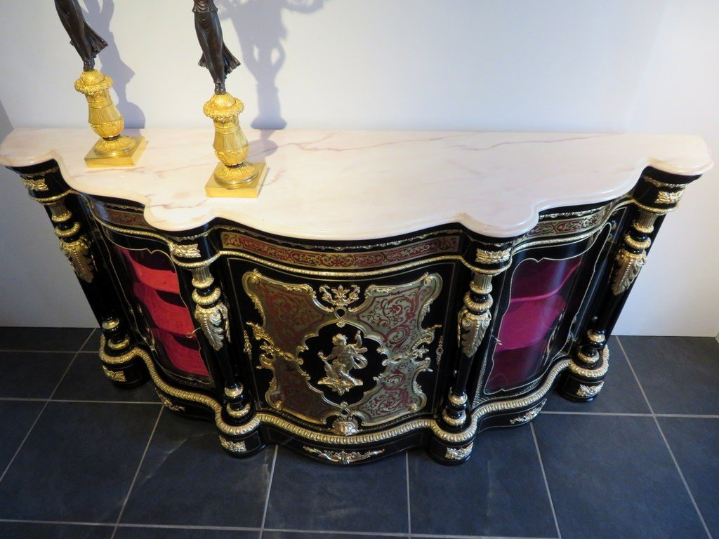 Marquée Blaise Millet Enfilade Violonée 3 Portes En Marqueterie Boulle époque Napoléon III-photo-6