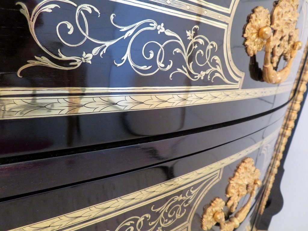 Haute Commode Ouvrant à 3 Tiroirs En Marqueterie Boulle époque 19éme-photo-4