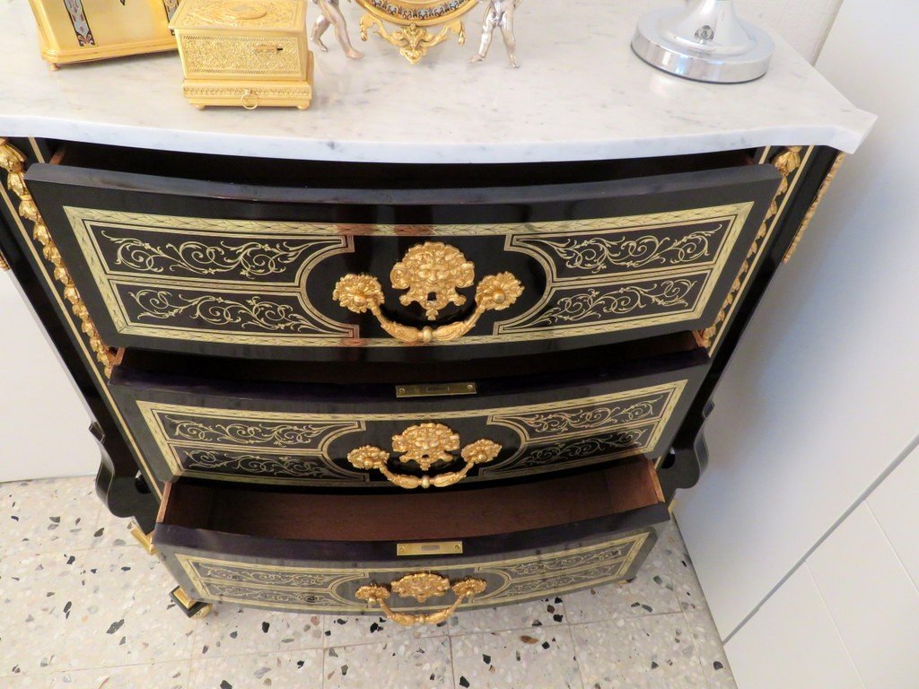 Haute Commode Ouvrant à 3 Tiroirs En Marqueterie Boulle époque 19éme-photo-5