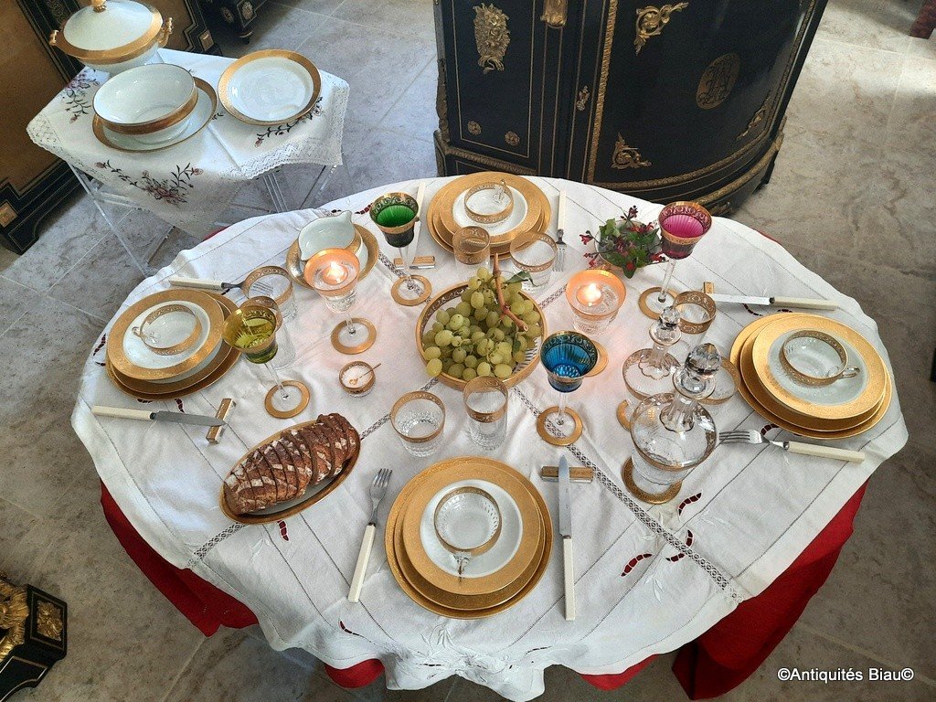 Table Set For 4  Personne Thistle Gold Crystal From Saint Louis / Limoges Porcelain By Haviland-photo-2