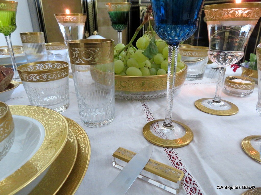 Table Set For 4  Personne Thistle Gold Crystal From Saint Louis / Limoges Porcelain By Haviland-photo-4
