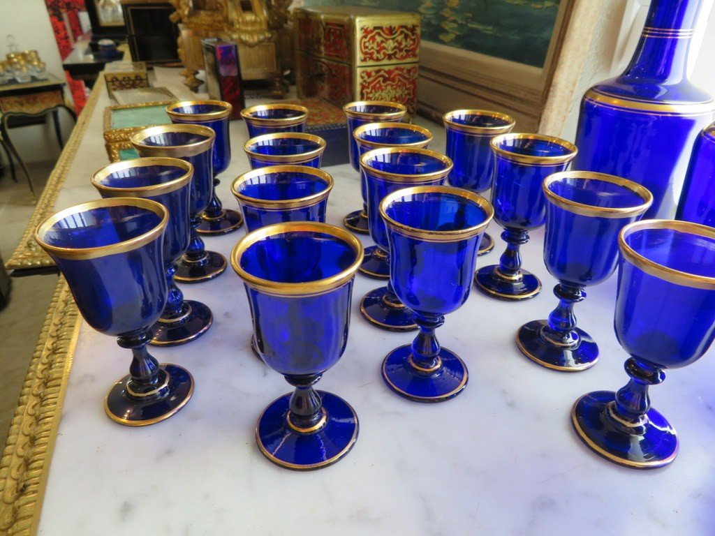 Cristal Bleu Et Or / Cave à Liqueur Toutes Faces En Marqueterie Boulle d'époque Napoléon III-photo-4