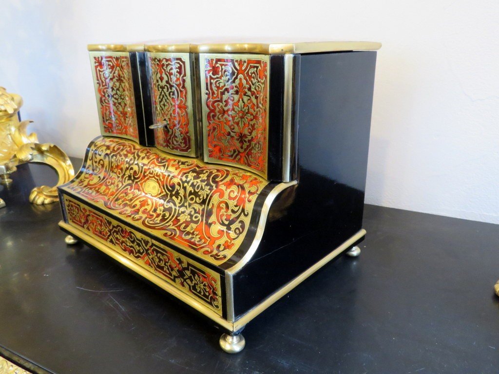 estampillée Macé Cave à Thé En Marqueterie Boulle époque Napoléon III-photo-2