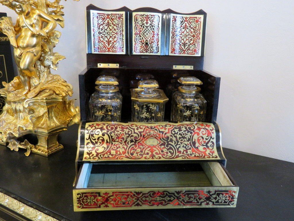 estampillée Macé Cave à Thé En Marqueterie Boulle époque Napoléon III-photo-4