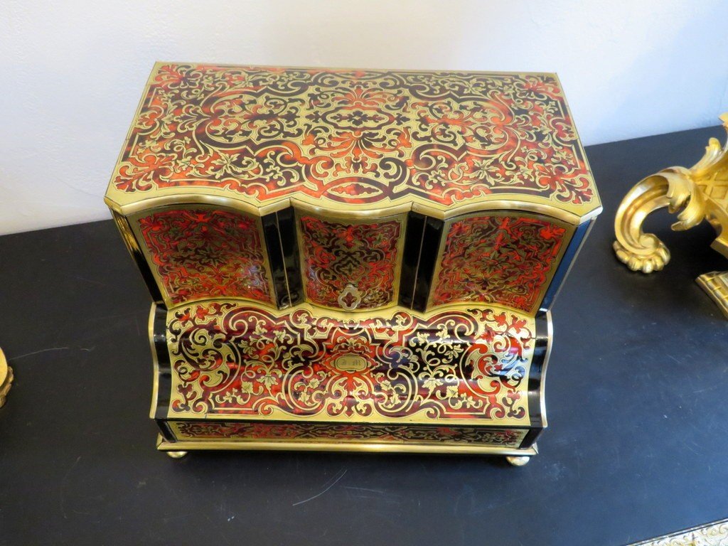 estampillée Macé Cave à Thé En Marqueterie Boulle époque Napoléon III-photo-2