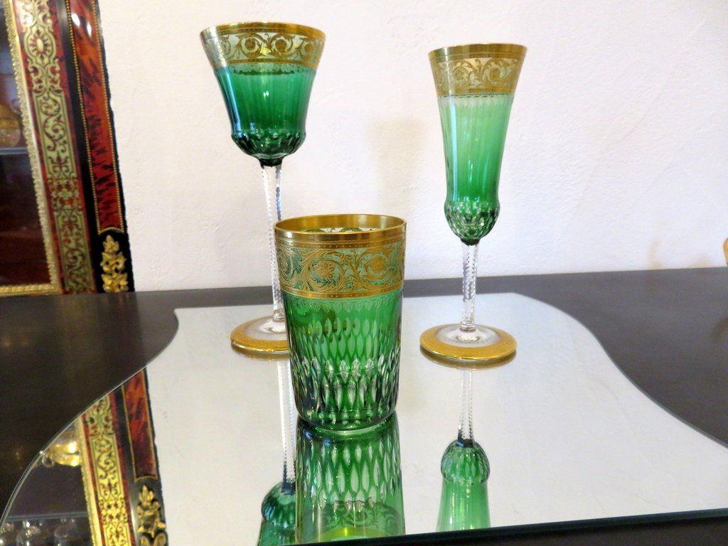 Set De 3 Verres Couleur Vert Saint Louis Thistle Or Cristal -photo-2