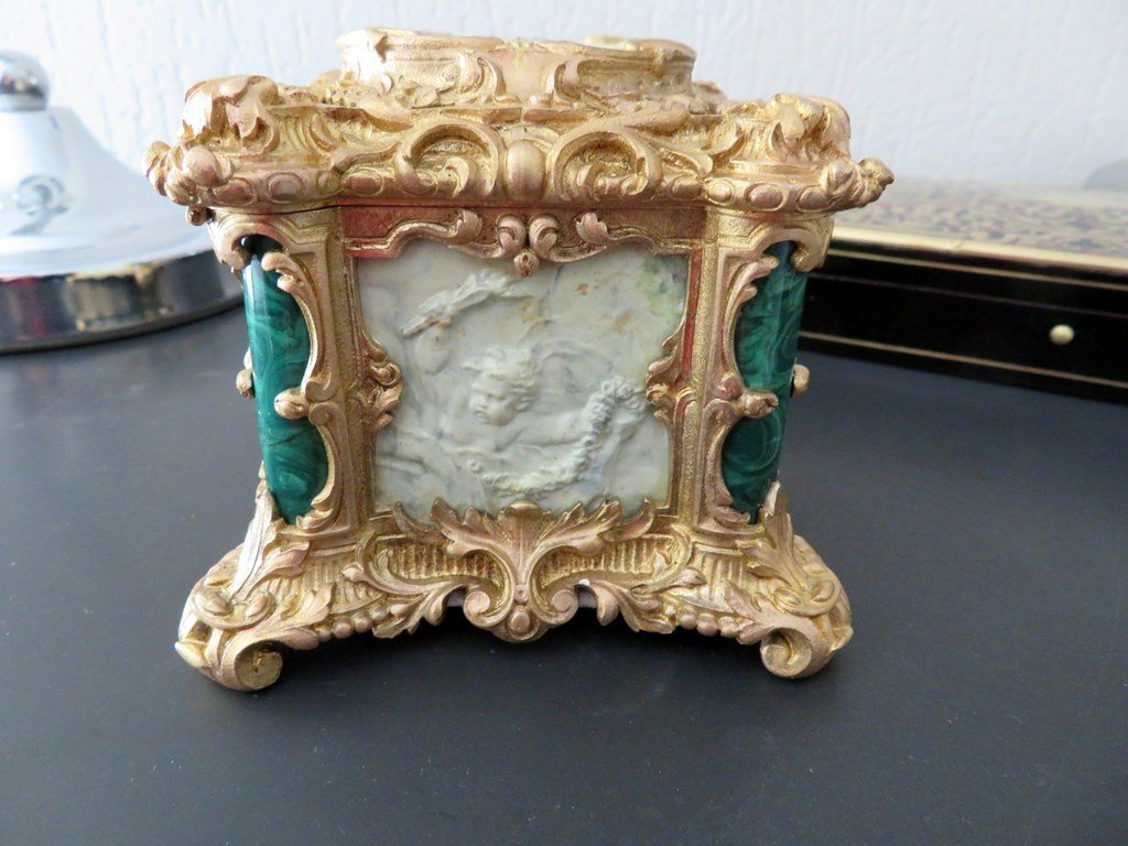 Box In Malachite, Bronze And Porcelain Marquetry 19th Napoleon III Period-photo-1
