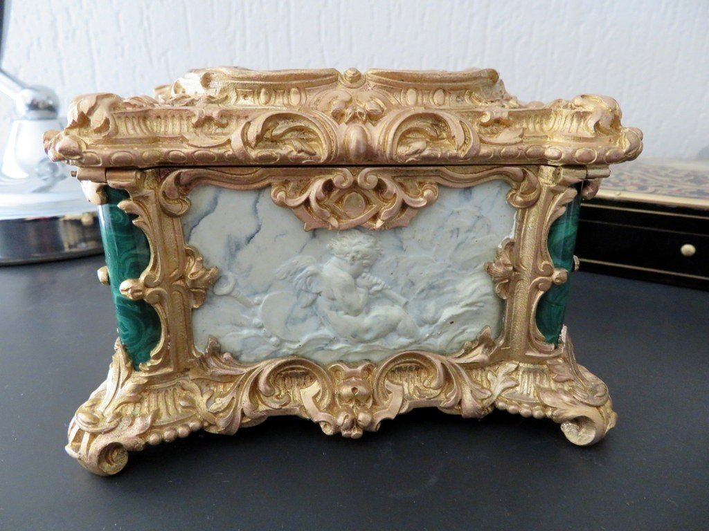 Box In Malachite, Bronze And Porcelain Marquetry 19th Napoleon III Period-photo-2