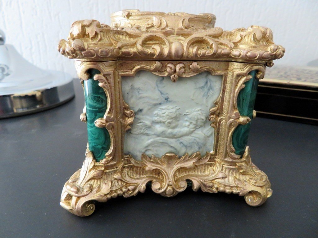 Box In Malachite, Bronze And Porcelain Marquetry 19th Napoleon III Period-photo-3